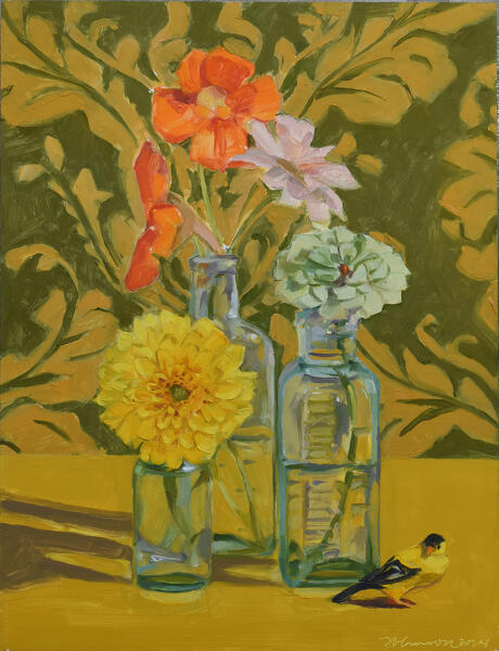 Zinnias and Nasturtium with Goldfinch