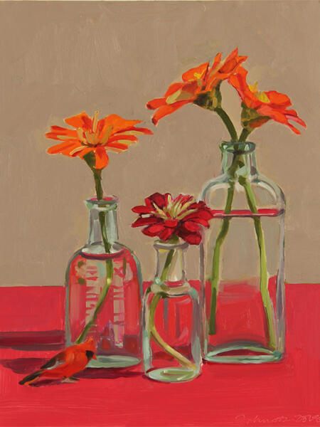 Orange Zinnias on Red